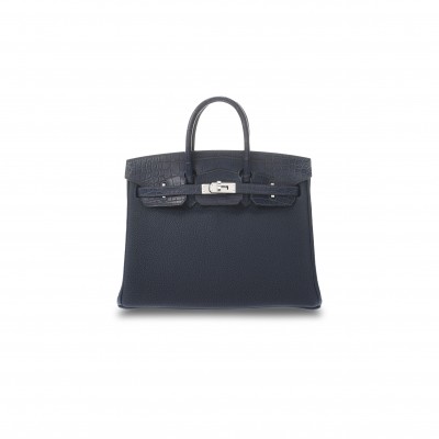 HERMÈS MASTER BIRKIN 25 CROCODILE AND TOGO LEATHER ROYAL BLUE SILVER BUCKLE H076216CK40 (25*20*13cm)